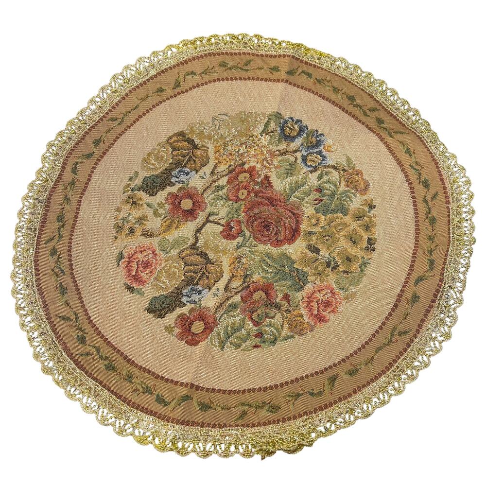 Vintage Style Floral Tapestry Round Doily Table Topper Gold Beaded Fringe 19.5”